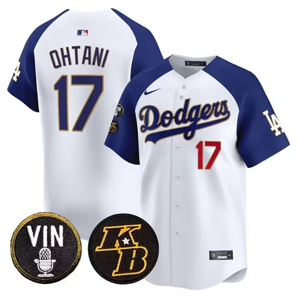 Men's Los Angeles Dodgers #17 Shohei Ohtani White Vin & Kobe Patch Cool Base Stitched Baseball Jersey