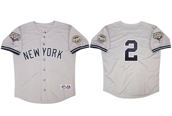 Men's New York Yankees #2 Derek Jeter Gray 2009 World Series Stitched Baseball Jersey