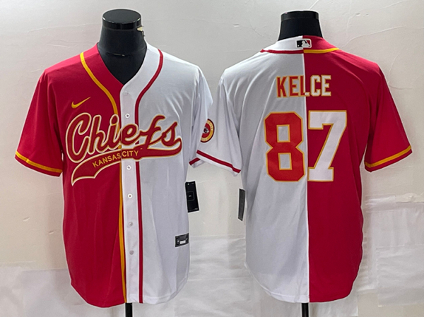 Men’s Kansas City Chiefs #87 Travis Kelce Red White Split Cool Base Stitched Baseball Jersey
