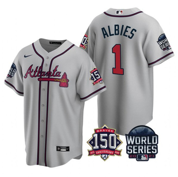 Men's Atlanta Braves #1 Ozzie Albies 2021 Gray World Series With 150th Anniversary Patch Cool Base Stitched Jersey