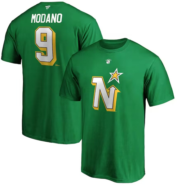 Men's Minnesota North Stars #9 Mike Modano Kelly Green Name & Number T-Shirt
