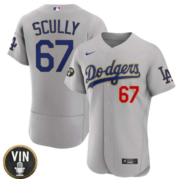 Men's Los Angeles Dodgers #67 Vin Scully 2022 Gray Vin Scully Patch Flex Base Stitched Baseball Jersey