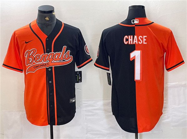 Men's Cincinnati Bengals #1 Ja'Marr Chase Black/Orange Split With Patch Cool Base Stitched Jersey