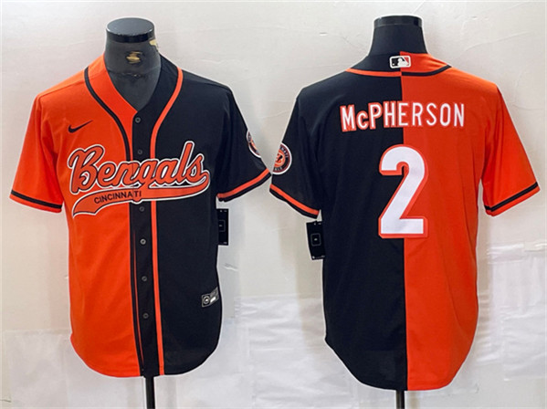 Men's Cincinnati Bengals #2 Evan McPherson Black/Orange Split With Patch Cool Base Stitched Jersey