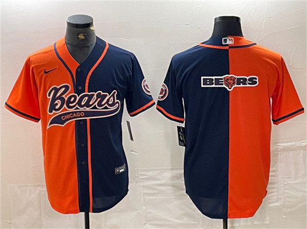 Men's Chicago Bears Team Big Logo Orange/Navy Split With Patch Cool Base Stitched Baseball Jersey