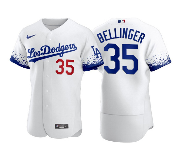 Men's Los Angeles Dodgers #35 Cody Bellinger 2021 White City Connect Flex Base Stitched Baseball Jersey