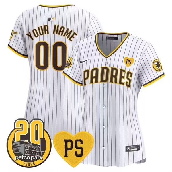 Women's San Diego Padres ACTIVE PLAYER Custom White “For Peter” And Petco Park 20th Patch Limited Stitched Baseball Jersey