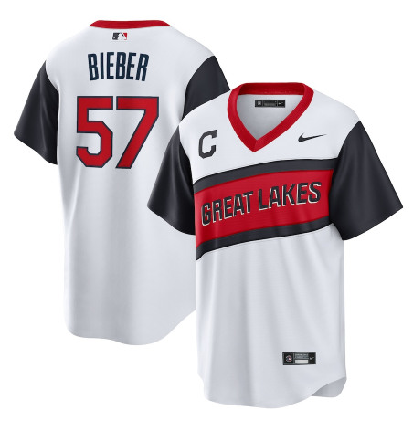 Men's Cleveland Indians #57 Shane Bieber 2021 White Little League Classic Home Cool Base Stitched Baseball Jersey