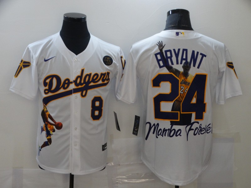 Men's Los Angeles Dodgers Front #8 Back #24 Kobe Bryant White With KB Patch Cool Base Stitched MLB Jersey