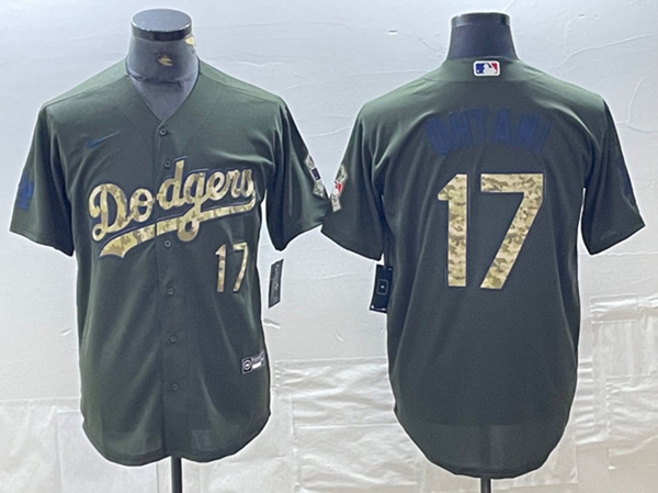 Men's Los Angeles Dodgers #17 Shohei Ohtani Olive Cool Base Stitched Baseball Jersey