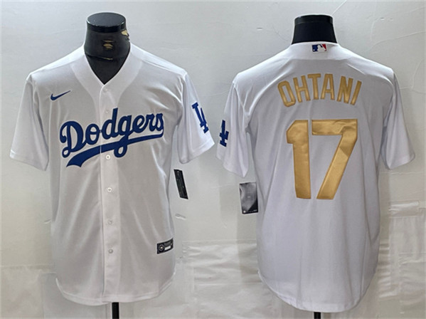 Men's Los Angeles Dodgers #17 Shohei Ohtani White/Gold Cool Base Stitched Baseball Jersey