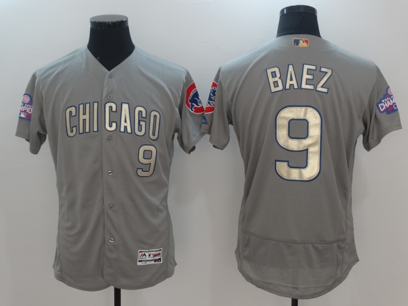 Men's Chicago Cubs #9 Javier Baez Gray World Series Champions Gold Program Flexbase Stitched MLB Jersey