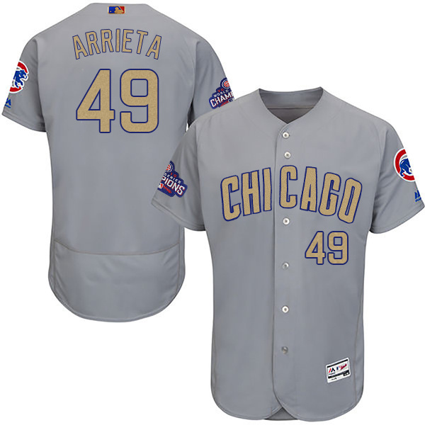 Men's Chicago Cubs #49 Jake Arrieta World Series Champions Gold Program Flexbase Stitched MLB Jersey