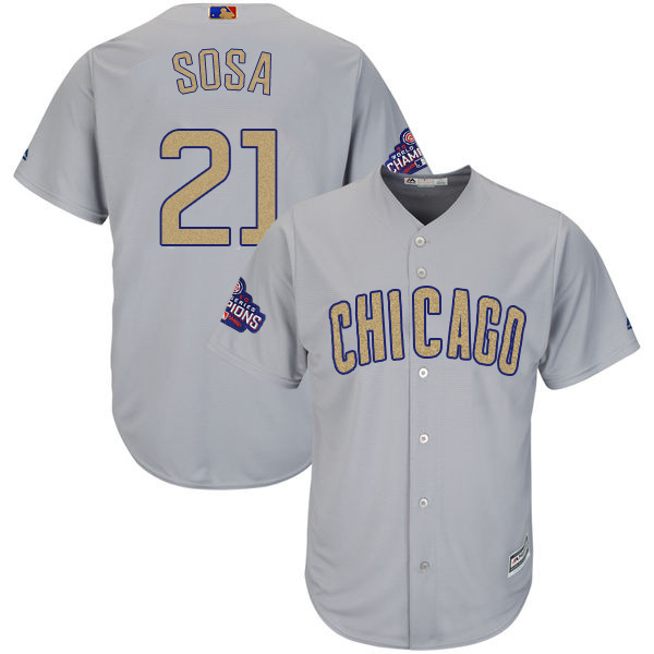 Men's Chicago Cubs #21 Sammy Sosa World Series Champions Gold Program Cool Base Stitched MLB Jersey