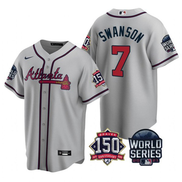 Men's Atlanta Braves #7 Dansby Swanson 2021 Gray World Series With 150th Anniversary Patch Cool Base Stitched Jersey