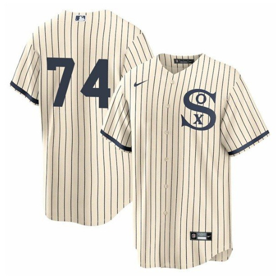 Men's Chicago White Sox #74 Eloy Jimenez 2021 Cream/Navy Field of Dreams Cool Base Stitched Jersey