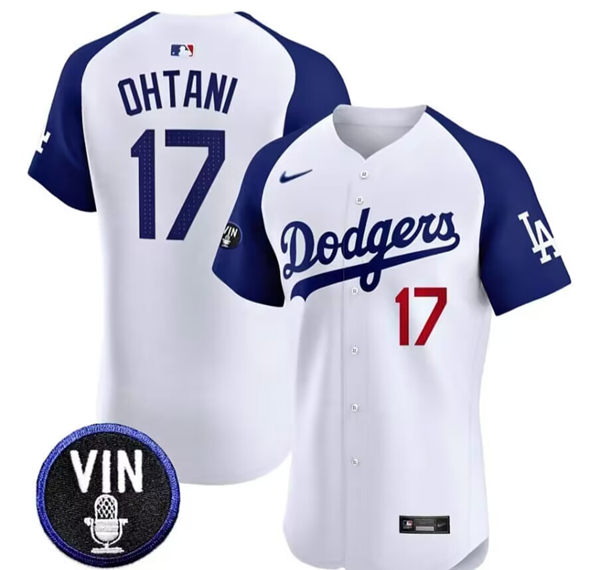 Men's Los Angeles Dodgers #17 Shohei Ohtani White Vin Scully Patch Stitched Jersey