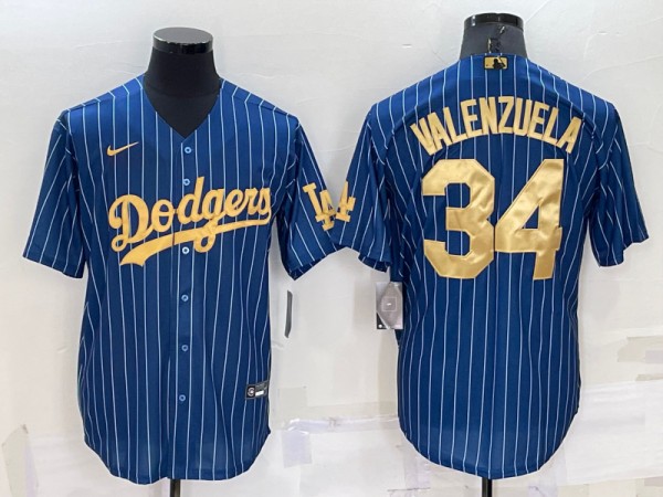 Men's Los Angeles Dodgers #34 Fernando Valenzuela Navy Gold Cool Base Stitched Baseball Jersey