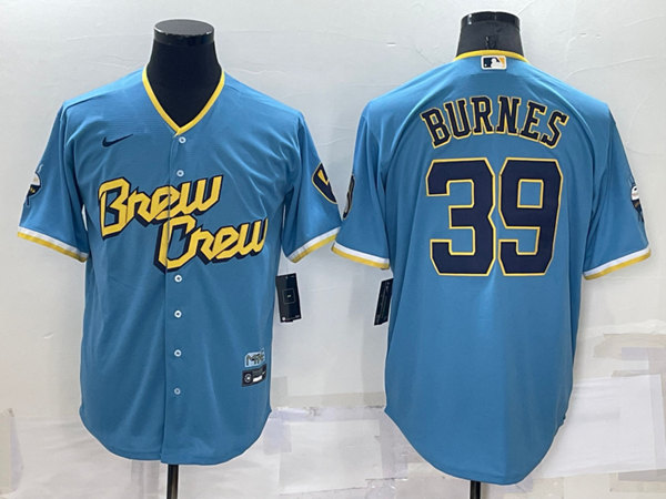 Men's Milwaukee Brewers #39 Corbin Burnes 2022 Powder Blue City Connect Cool Base Stitched Jersey