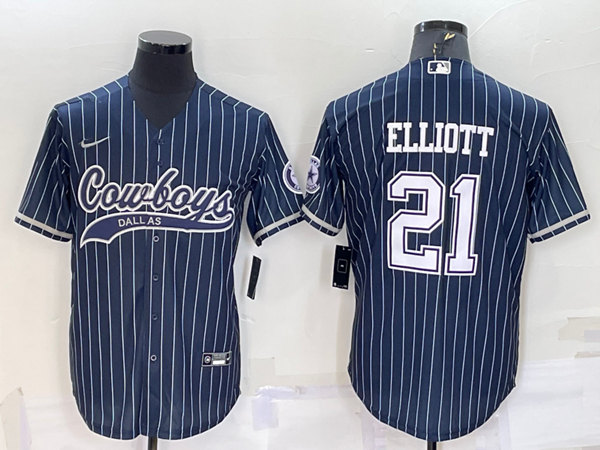 Men's Dallas Cowboys #21 Ezekiel Elliott Navy With Patch Cool Base Stitched Baseball Jersey