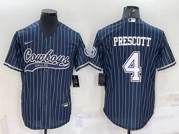 Men's Dallas Cowboys #4 Dak Prescott Navy With Patch Cool Base Stitched Baseball Jersey