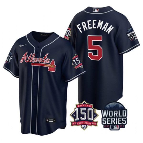 Men's Atlanta Braves #5 Freddie Freeman 2021 Navy World Series With 150th Anniversary Patch Cool Base Stitched Jersey