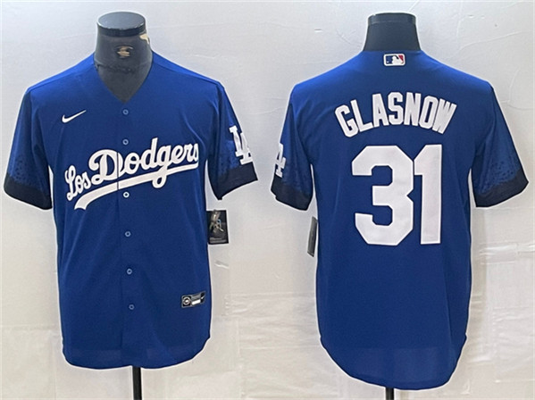 Men's Los Angeles Dodgers #31 Tyler Glasnow Blue City Connect Cool Base Stitched Baseball Jersey