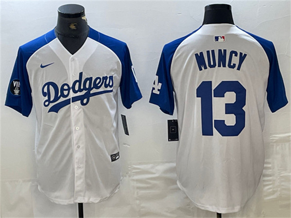 Men's Los Angeles Dodgers #13 Max Muncy White/Blue Vin Patch Cool Base Stitched Baseball Jersey
