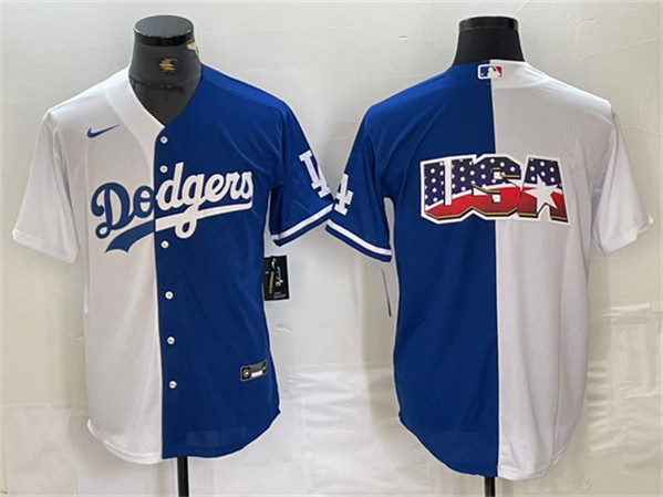Men's Los Angeles Dodgers Team Big Logo White/Blue Split Cool Base Stitched Baseball Jersey