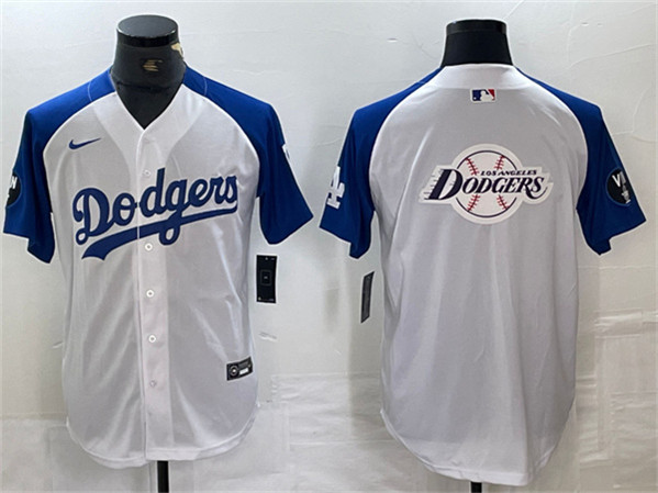 Men's Los Angeles Dodgers Team Big Logo White/Blue Vin Patch Cool Base Stitched Baseball Jersey