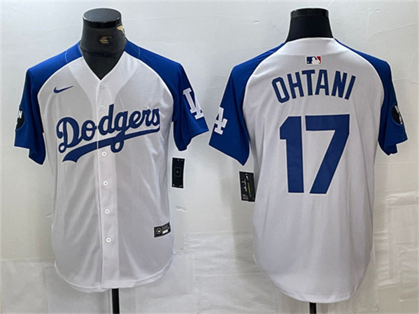 Men's Los Angeles Dodgers #17 Shohei Ohtani White/Blue Vin Patch Cool Base Stitched Baseball Jersey