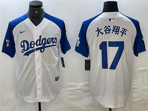 Men's Los Angeles Dodgers #17 大谷翔平 White/Blue Vin Patch Cool Base Stitched Baseball Jersey