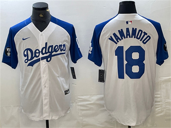 Men's Los Angeles Dodgers #18 Yoshinobu Yamamoto White/Blue Vin Patch Cool Base Stitched Baseball Jersey