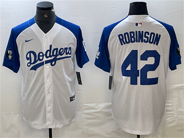 Men's Los Angeles Dodgers #42 Jackie Robinson White/Blue Vin Patch Cool Base Stitched Baseball Jersey