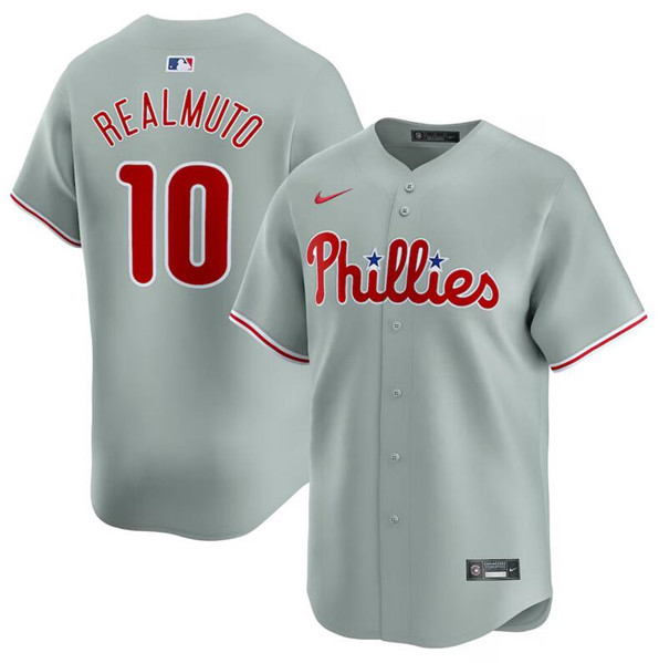 Men's Philadelphia Phillies #10 J.T. Realmuto Gray Away Limited Stitched Jersey