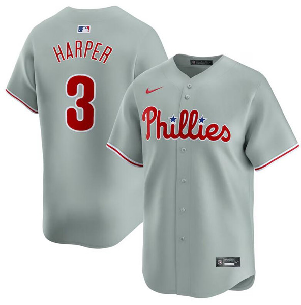 Men's Philadelphia Phillies #3 Bryce Harper Gray Away Limited Stitched Jersey