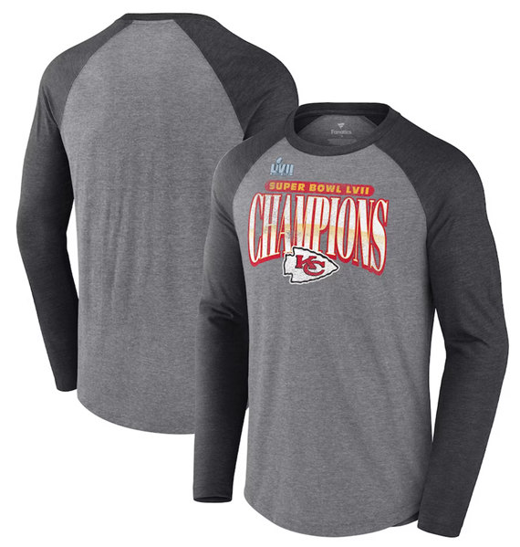 Men’s Kansas City Chiefs Gray/Charcoal Super Bowl LVII Champions Rewrite History Raglan Long Sleeve T-Shirt
