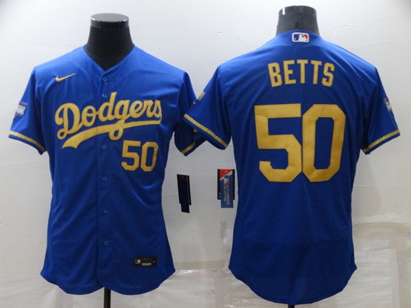 Men's Los Angeles Dodgers #50 Mookie Betts Blue Gold 2020 World Series Flex Base Stitched Jersey
