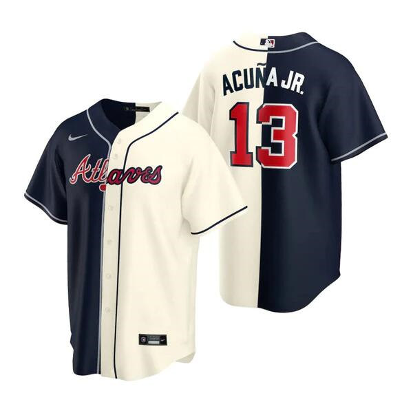 Men's Atlanta Braves #13 Ronald Acuna Jr. Navy/Cream Spilt Cool Base Stitched Baseball Jersey