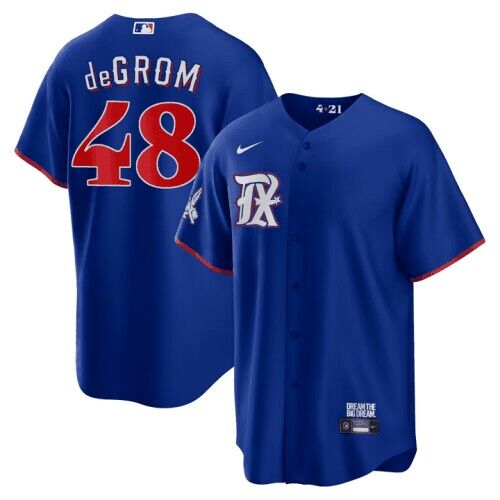Men's Texas Rangers #48 Jacob DeGrom Royal 2023 City Connect Cool Base Stitched Baseball Jersey