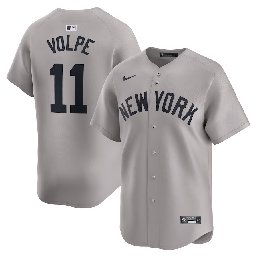 Men's New York Yankees #11 Anthony Volpe Gray 2024 Away Limited Cool Base Stitched Baseball Jersey