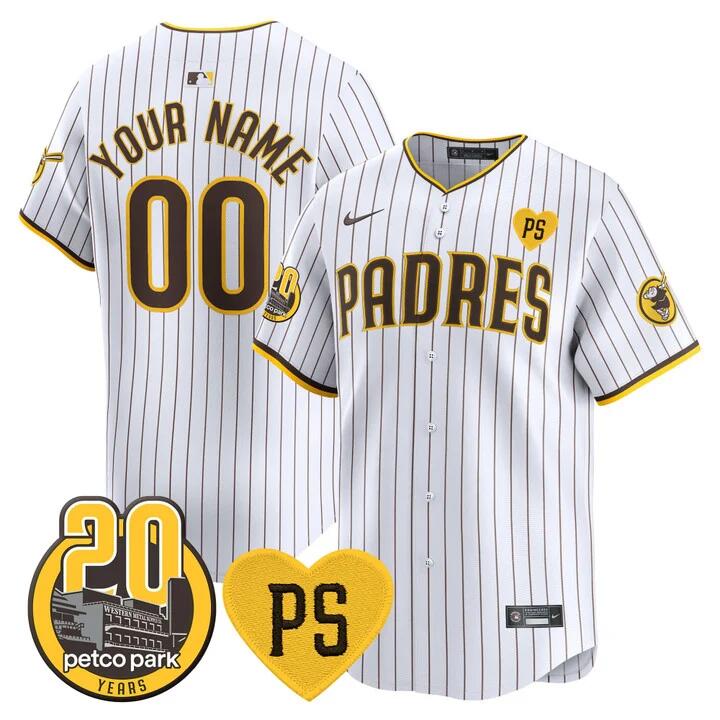 Youth San Diego Padres Active Player Custom White “For Peter” And Petco Park 20th Patch Cool Base Stitched Baseball Jersey