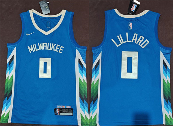 Men's Milwaukee Bucks #0 Damian Lillard Blue 2022-23 City Edition Stitched Basketball Jersey