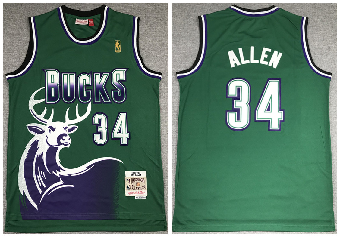 Men's Milwaukee Bucks Green #34 Ray Allen 1996-1997 Throwback Stitched NBA Jersey