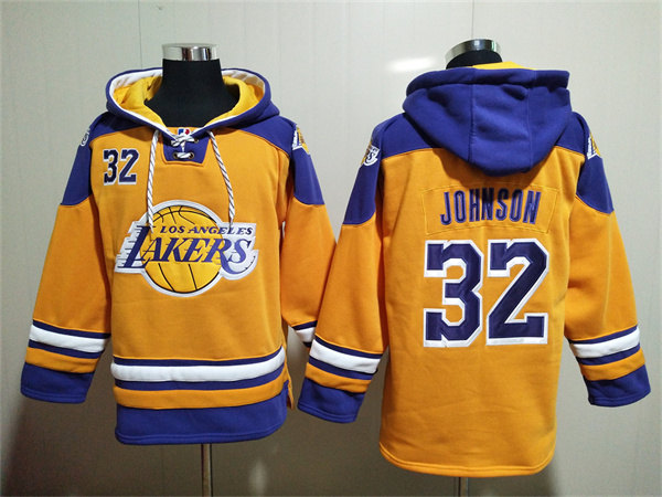 Men's Los Angeles Lakers #32 Magic Johnson Yellow Lace-Up Pullover Hoodie