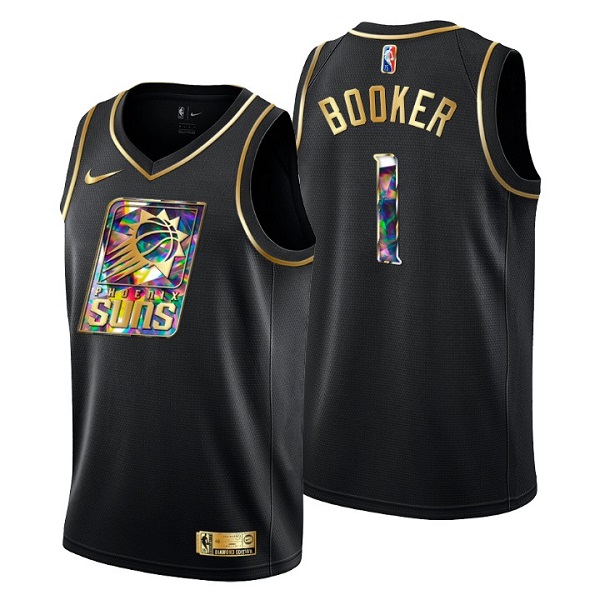 Men's Phoenix Suns #1 Devin Booker 2021/22 Black Golden Edition Diamond Logo Black 75th Anniversary Stitched Basketball Jersey