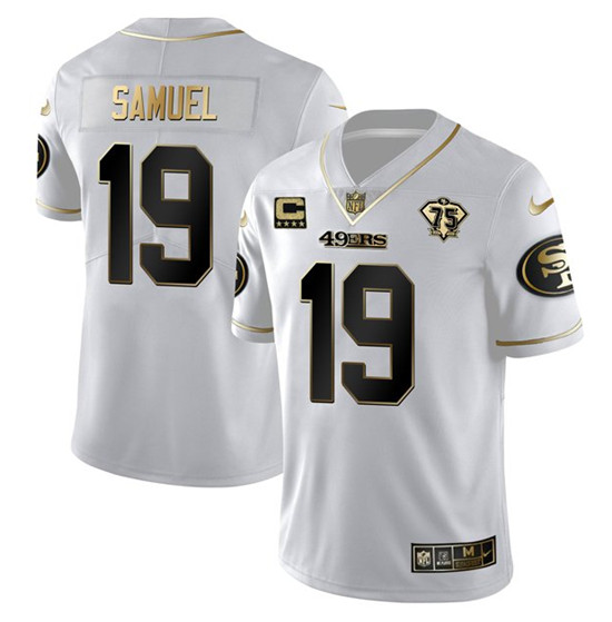 Men's San Francisco 49ers #19 Deebo Samuel White Gold 75th Anniversary With C Patch Stitched Jersey