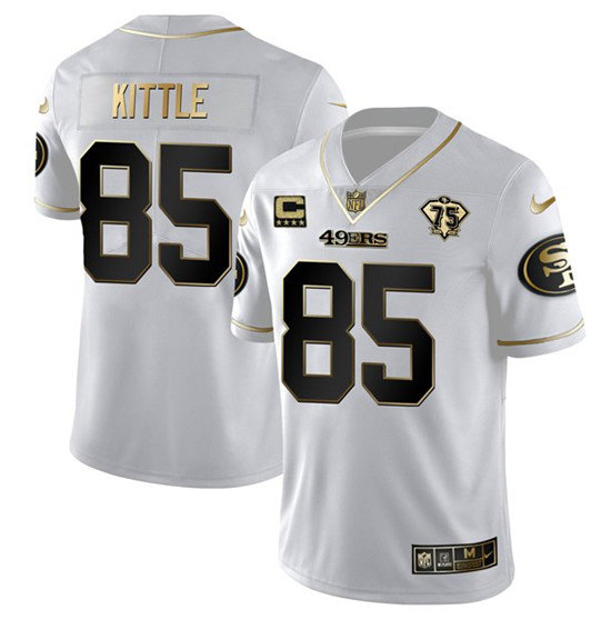 Men's San Francisco 49ers #85 George Kittle White Gold 75th Anniversary With C Patch Stitched Jersey