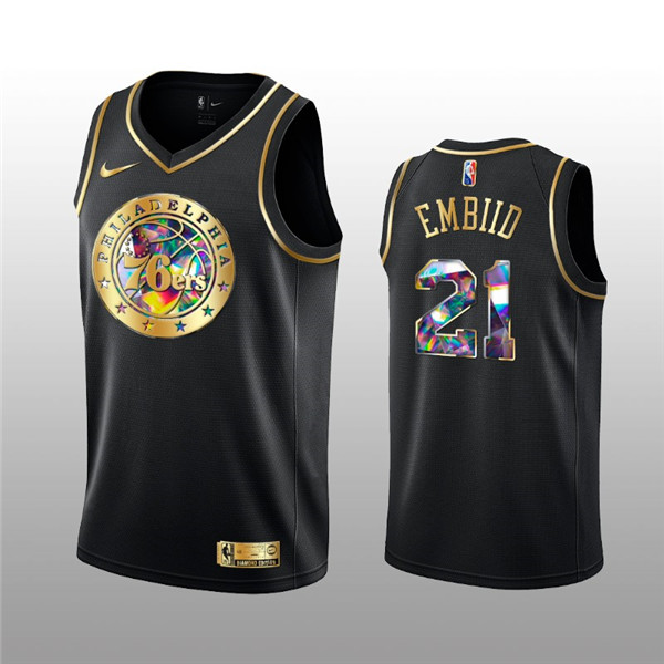 Men's Philadelphia 76ers #21 Joel Embiid 2021/22 Black Golden Edition 75th Anniversary Diamond Logo Stitched Basketball Jersey