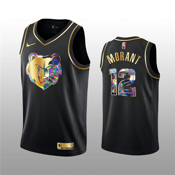 Men's Memphis Grizzlies #12 Ja Morant 2021/22 Black Golden Edition 75th Anniversary Diamond Logo Stitched Basketball Jersey